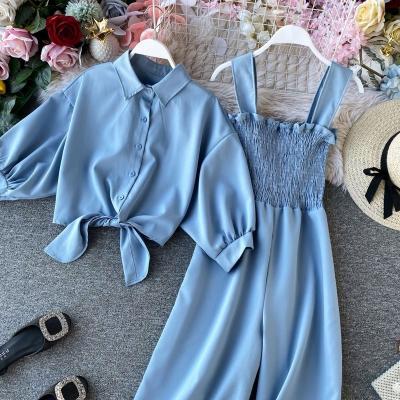 China QUICK DRY Summer Women Solid Slim Pieces Spring Coat+Jumpsuits Both Sets Half Sleeve Jacket Top Overalls Beach Set Fits Wide Leg Pants Set for sale