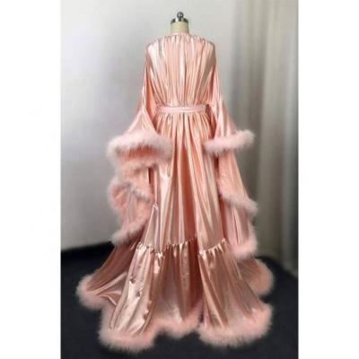 China Birdemaid QUICK DRY wedding sexy long robe fur feather lingerie skirt sleepwear long dress with long fur robe femme for sale