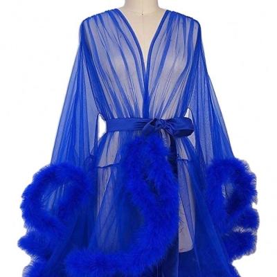 China Breathable Charming Ladies Sexy Tulle Feather Long Robe Fur Sleepwear Long Robe For Photoshot for sale