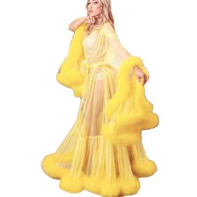 China Marabou Dressing Gown Feather Bridal Maternity Photoshoot Sexy Sheer Lingerie Thermal Yellow Long Dressing Gown for sale