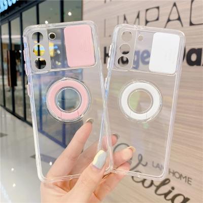 China Anti-fall Slide Camera Lens Protector Phone Case For Samsung Galaxy A12 A32 A52 A72 S21 Ring Holder Clear Shockproof Hybrid Soft Cover for sale