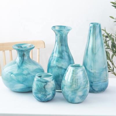 China Contemporary Crystal Clear Pearl Blue White Marble Design Fashion Glass Flower Vase For Living Room Home Decor for sale