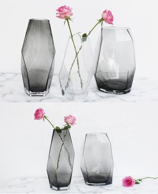 China Contemporary Wholesale Fashion Nordic Handcrafted European Hammered Simple Geometric Irregular Smoke Table Top Glass Flower Vase For Home Decor for sale