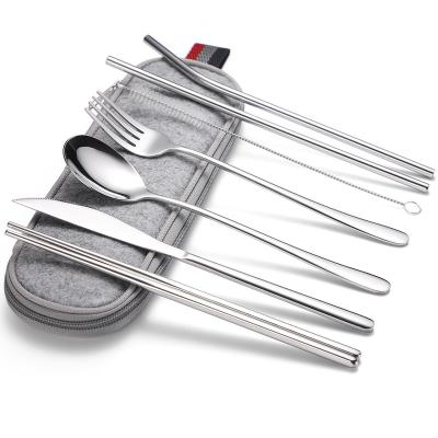 China Sustainable Camping Dinnerware Straw Reusable Cutlery Set Travel Stainless Steel Cutlery Set With Case for sale