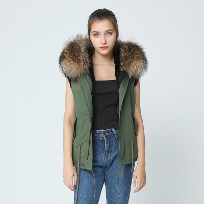 China 2021 Brand New Army Green Winter Jacket Women's Breathable Natural Raccoon Fur Collar Vest Coat Real Big With Zipper for sale