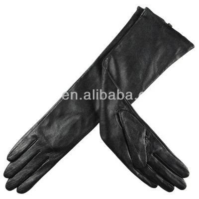 China ZF2009 Plain Women's Black Opera Leather Long Gloves With Punched Holes for sale