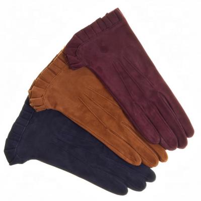 China Simple Women's Fashion Winter Genuine Suede Tight Leather Gloves With Decorative Border for sale