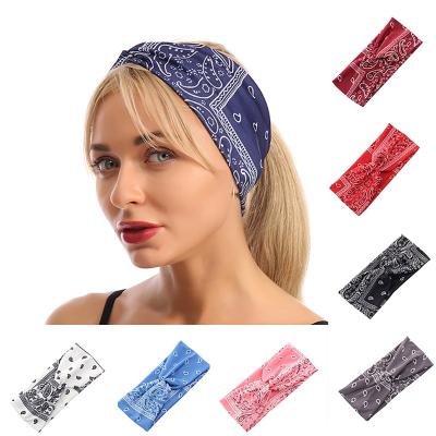 China Fashional Pretty Lady Elastic Crossed Cashew Flower Printed Sporty Headband Hairband for sale