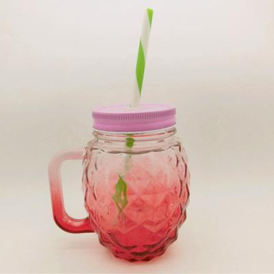 China 16oz 500ml canned food fruit shape jar with straw glass jar with handle for storing juice, water, milk, tea for sale