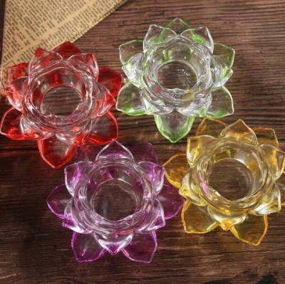 China Creative religious activities lotus shape colored crystal buddhist lotus glass candlestick for sale