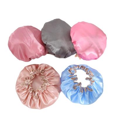 China Solid Custom Women Double Layers Satin Bandanas Bath Hats Hood Sleep Hat Night Silk Shower Cap Waterproof Layers for sale