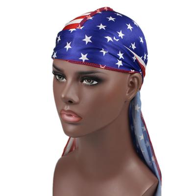 China Wholesale custom logo printed designer rags Multifunctional Silky Satin silk men's bandana durags with long tail head wrap for sale