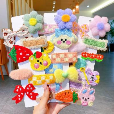 China Hot Selling Fashion Plush Bunny Hair Clips Winter Cartoon Cute Flower Hairpins Fluffy Bow Bobby Hair Clips Set For Girls for sale