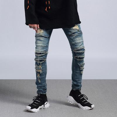 China Breathable High Street Fashion Washed Rock Distressed Knees Hole Denim Long Pants Jeans Mens Biker Biker for sale