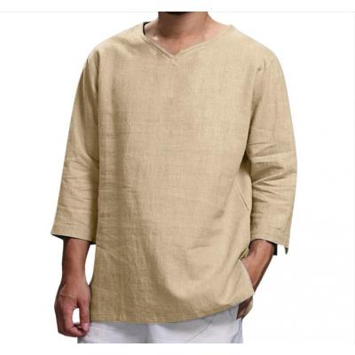 China Vintage Breathable Loose Cotton Long Sleeve Single V-Neck Button Down Top Shirt For Men for sale