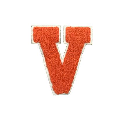 China Custom 3D Alphabet Letters Chenille Embroidery Sew On Orange Patches V Patch For Clothing Hat Backpack DIY Patch for sale