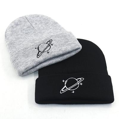 China New COMMON Spring Mens Womens Fashion Planet Embroidery Knitted Beanie Hat Logo for sale