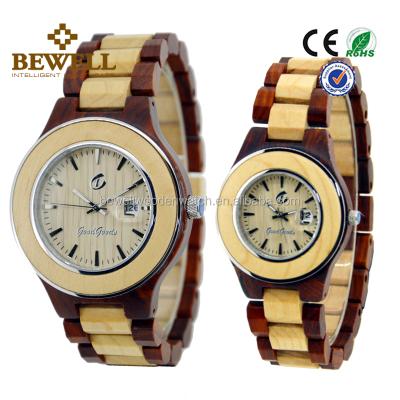 China Custom Automatic Date Bewell Watch Stainless Steel Bezel Wooden Couples Watch For Lovers for sale