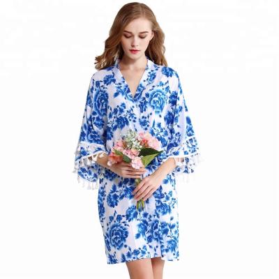 China Breathable FUNG 3030 Floral Print Rayon Cotton Blue Maxi Dress With Tassels for sale