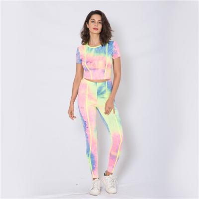 China Fashion Breathable Wholesale Tops Sportswear Two Piece Jogging Women Neon Tie Dye Leggings Jogging Striped Yoga Pants for sale