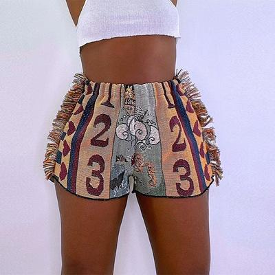 China JXS0493 Breathable Vintage Copy Shorts Tassel Independent Folk Single Side Patchwork Women Summer Style Hot Pants for sale