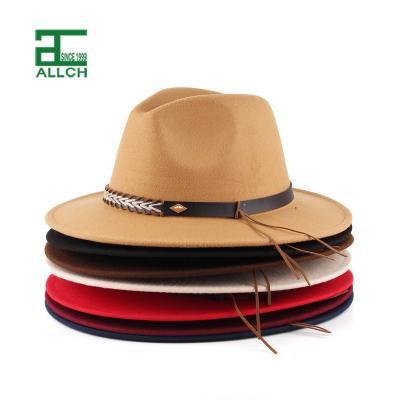 China ALLCH RTS Unisex Wide Brim Plain Color Women Men Eco-Friendly Imitate Stripe Wool FedoraHigh Quality PU Panama Fedora Felt Hat for sale