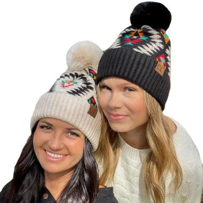 China 2022 Promotional Hats JOINT Ball Winter Boho Top Jacquard Knit Lattice Winter Hats for sale