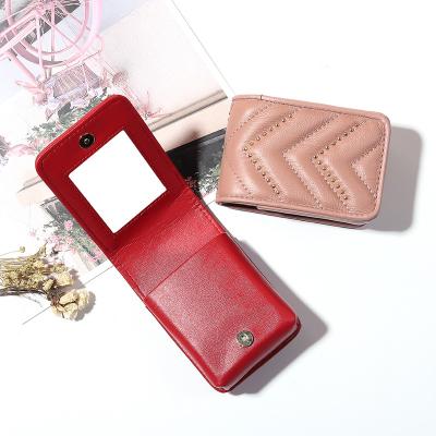 China Women Mini Lipstick Bag High Quality Nicely With Mirror Sheepskin Leather Portable Small Travel Lipstick Pouch Cosmetic Case for sale