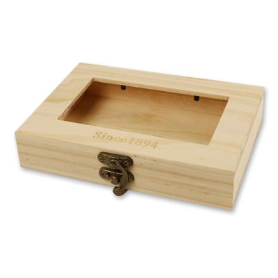 China Recycled Materials Lid Glass Cover Unfinished Solid Wood Wooden Storage Box With Lock for sale