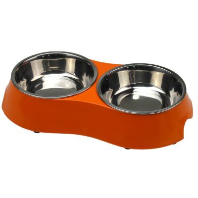 China Non-automatic Portable Pet Bowls With Stand Raised External Plastic Pet Milk Bowl Stainless Steel Inner Bowls for sale