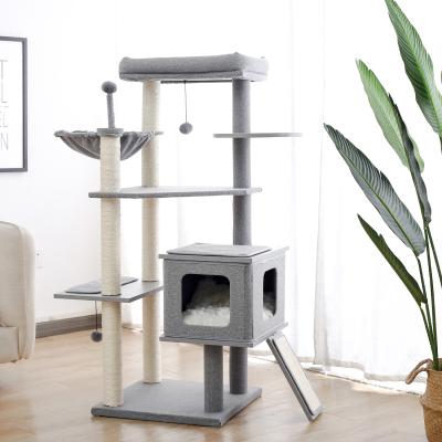 China Sustainable cat house tree with rattan basket and modern cat tree for sale