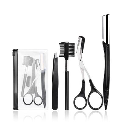 China Wholesale Stainless Steel Eyebrow Makeup Tools Kit Eyebrow Tweezers Scissors Knife Sweep 4 in 1 Eyebrow Trimming Set for sale