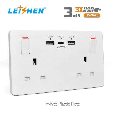 China Residential / General Purpose UK Wall Socket With 2 USB+Type C Plug Charger Wall Outlet UK Wall Socket for sale