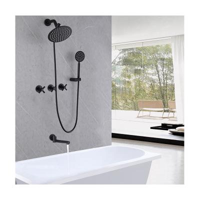 China Without Slide Bar Hotel Project Brass Matte Black 3 Handles Tub Spout Shower Valve Bathtub Faucet With Hand Shower for sale