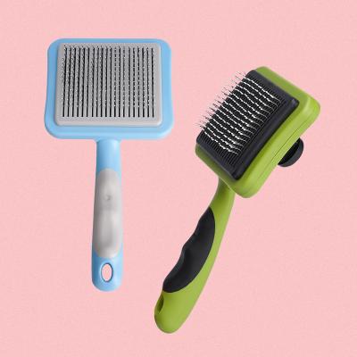 China Stocked Professional Durable Self Cleaning Pet Grooming Needle Comb Product One-Click Pet Hair Removal Brush for sale