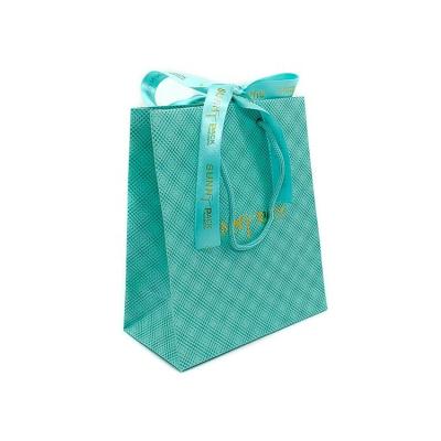 China Small Size Durable Hot Stamping Custom Green Print Logo Rope Handles Gift Art Paper Jewelry Bag With Ribbon for sale