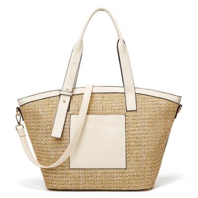 China Straw Bucket Bag Fashion Women Summer Beach Large Capacity Handmade Holiday Woven Leather Travel Tote Bags for sale