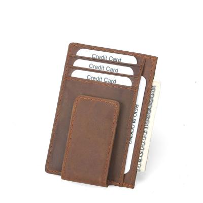 China RFID Logo Vintage Cow Genuine Leather Custom Made Front Pocket Slim RFID Blocking Card Holder Wallet Men Strong Magnet Leather Money Clip for sale