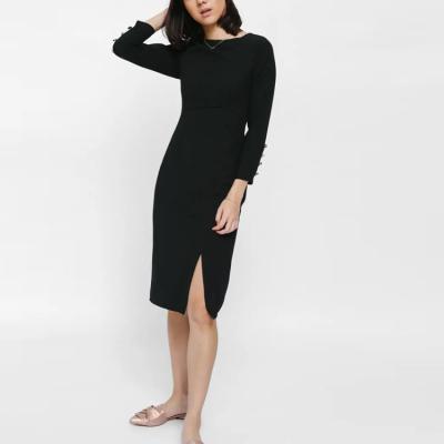 China Wholesale Custom Knitted Breathable Women Dress Long Sleeve Fit Side Slim Slit Midi Knit Dress For Women for sale