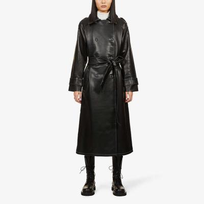 China Lady PU Leather Outerwear Women Vegan Double Breasted Oversize European Elegant Long Style Fashion Leather Ditch Coat Viable Ladies for sale