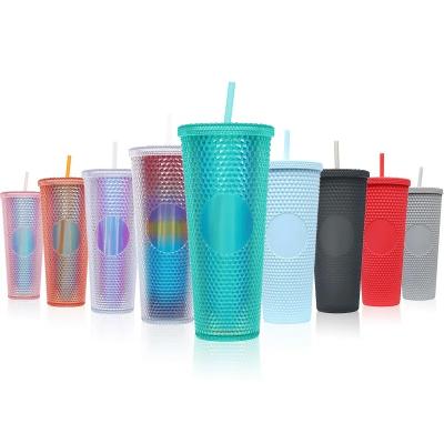 China Unbreakable Wholesales Custom Design Double Wall Matte Plastic Drinks Reusable Colorful Mug Cups 24oz Studded Tumblers With Straw for sale