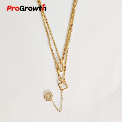 China FASHION Square Zircon Frame Square Cubic Zirconia Necklace Double Layer Chain Pendant Champagne Plated Brass Jewelry Trendy Ornaments NB00021WC for sale