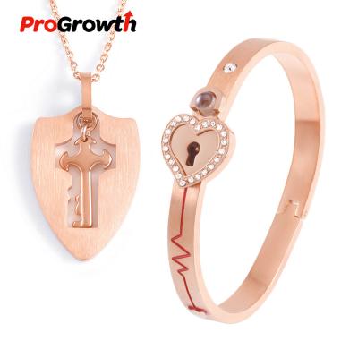 China Romantic Valentine's Day Jewelry Set Lock Heartbeat Zircon Concentric Bracelet Necklace Rose Gold Silver Ornaments BSUS0001 for sale