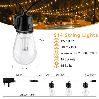 China EU S14 48FT 15LED 230V Double Lamp Beads String Light IP65 2700K Remote Control Warm White For Wedding Holiday Party 6 for sale