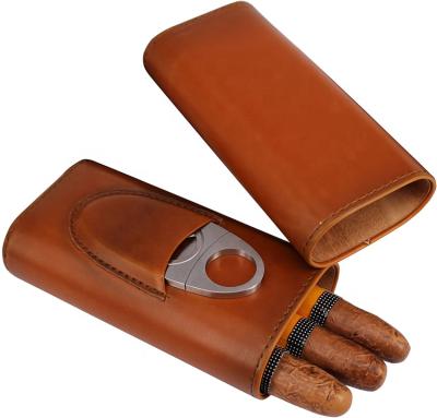 China New Sale 3 Fingers Travel Cigar Hot Leather Case Leather Cigar Multifunctional Stainless Steel Cutter Custom Logo for sale