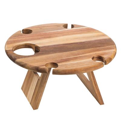 China Modern portable folding wine round picnic table acacia snack table with wine bottle and glass holder for sale