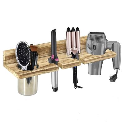 China Sustainable Natural Wood Wall Mounted Hair Dryer Rack Hair Dryer Storage For Blow Dryer for sale