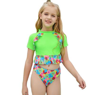 China New Hot Sale Girls' Bikini Split Strap Breathable 2 Piece Set Swimming Pool Swimwear Short Sleeve Lace Printed Little Cute Swimwear W for sale