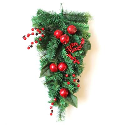 China Eco-friendly Durable Red Sticky Fruit Set Green Leaf Pomegranate Decoration Upside Down Christmas Tree Front Door for sale