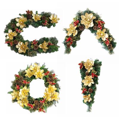 China Eco-friendly Gold Ball Flower Christmas Wreath Red Festive Garlands/Christmas Artificial Flowers Simulation Decorative Frame Tree/Wreath Set for sale